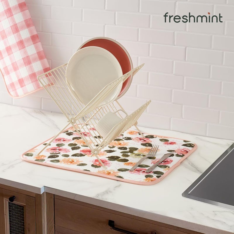 Fresh Mint Printed Dish Drying Mats for Kitchen Counter 2 Pack Absorbent Reversible Drying Mats Microfiber Kitchen Countertop Protector Dishes Drying Pad Extra Large 18"x16" Dish Mat (Floral) - Image 5